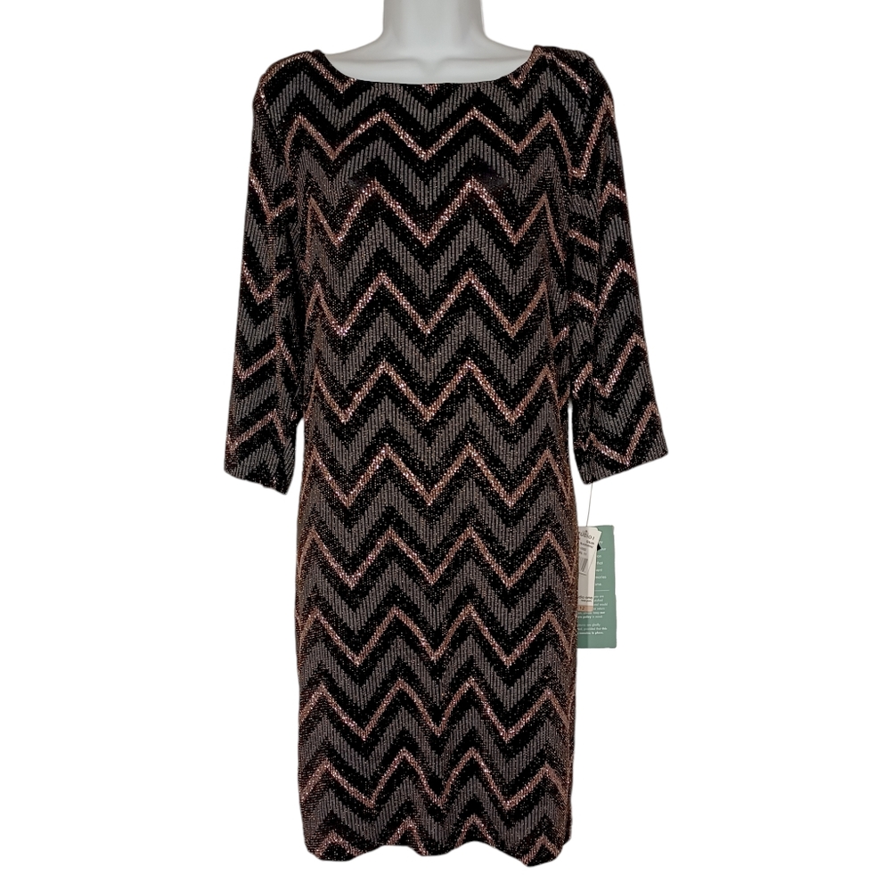 STUDIO ONE Metallic Bronze Chevron Stripe Black Shift Cocktail Dress 12 NWT